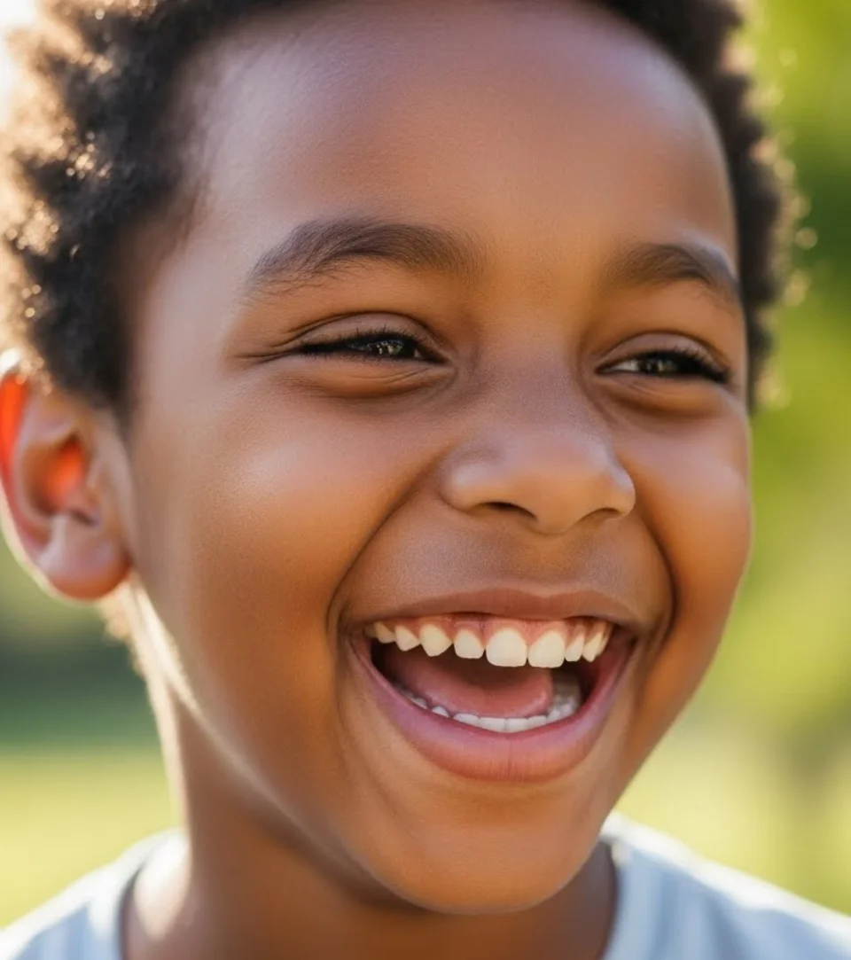 Close-up of a young child laughing outdoors.