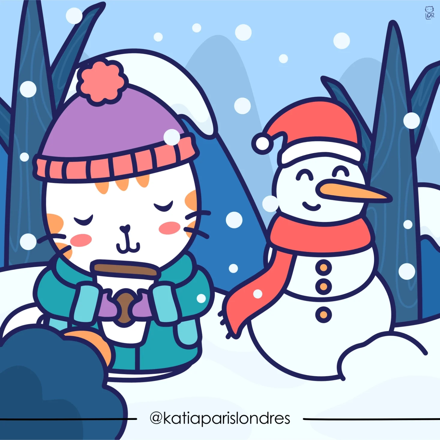 A cartoon illustration of a snowcat and a snowman enjoying winter. The snowcat is wearing a colorful beanie with a pom-pom, a teal jacket, and holding a mug. The snowman is wearing a red Santa hat, a red scarf, and has a carrot nose, with eyes and bu