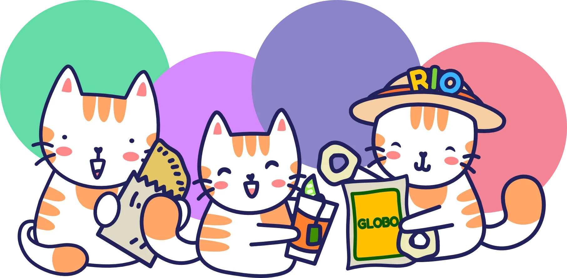 Three cartoon cats with orange stripes enjoying summer activities, with colorful balloons in the background. The first cat is holding a popsicle, the second is smiling with closed eyes, and the third is wearing a hat labeled "RIO" and holding a magazine labeled "GLOBO".