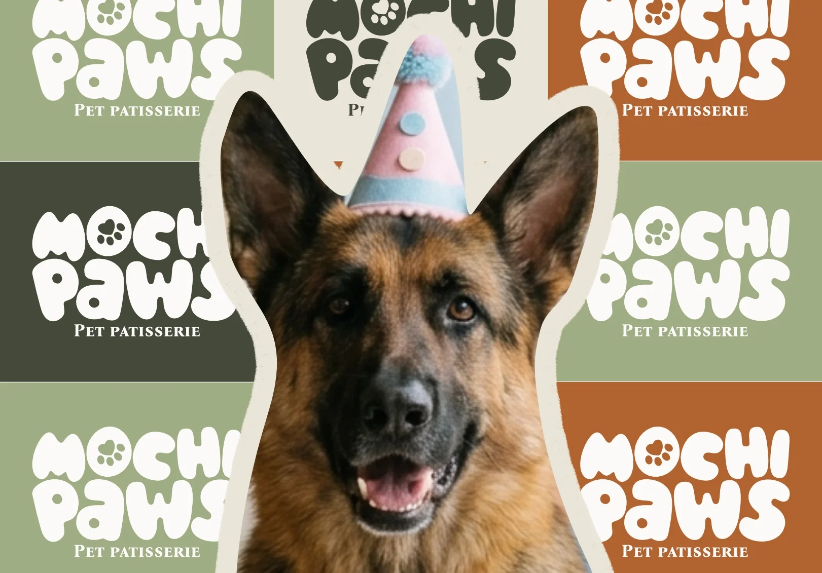 A German Shepherd dog wearing a pastel-colored birthday hat, surrounded by multiple backgrounds with Mochi Paws Pet Patisserie logos in different colors.