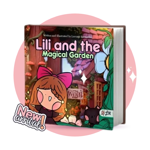 A children's book titled "Lili and the Magical Garden" featuring an illustrated girl with a pink bow, a black cat, and garden scene on the cover.