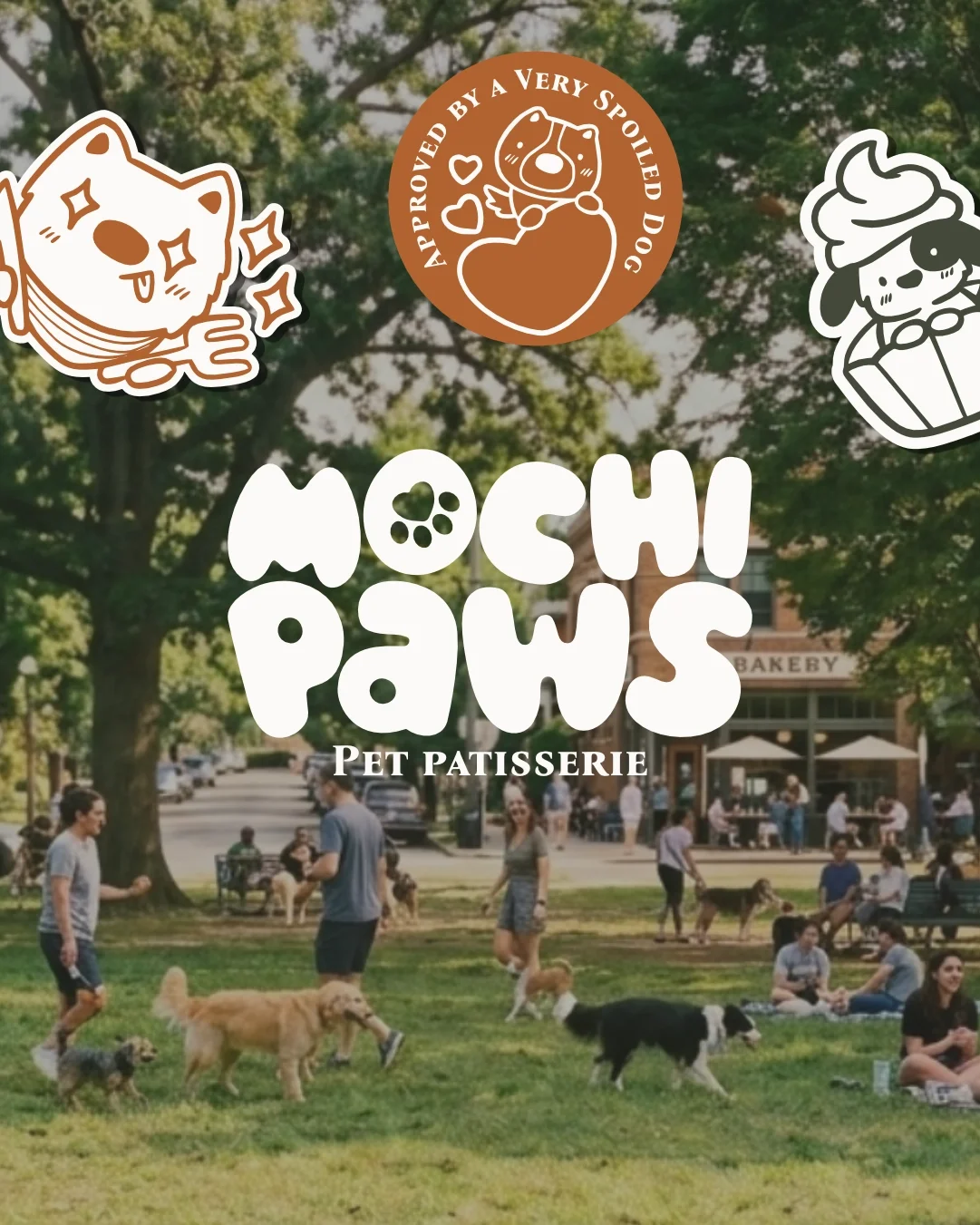 Logo for Mochi Paws Pet Patisserie with illustrations of a dog, a dog head with hearts, and a skeleton in a costume, over a background of people with dogs in a park.