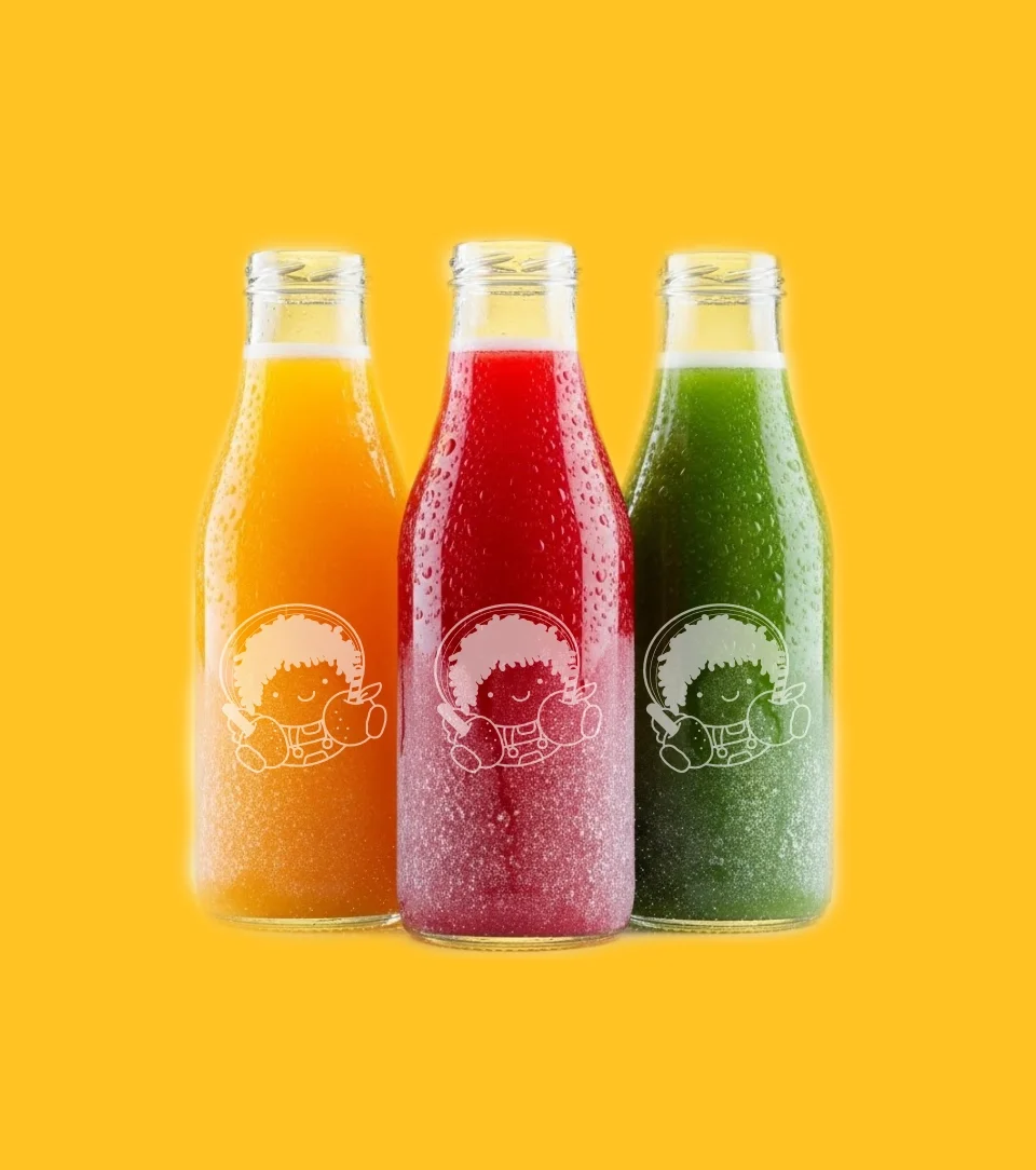 Three glass bottles filled with orange, red, and green beverages with condensation, standing against a yellow background, each with a white cartoon girl holding a spoon and a bowl on the front.