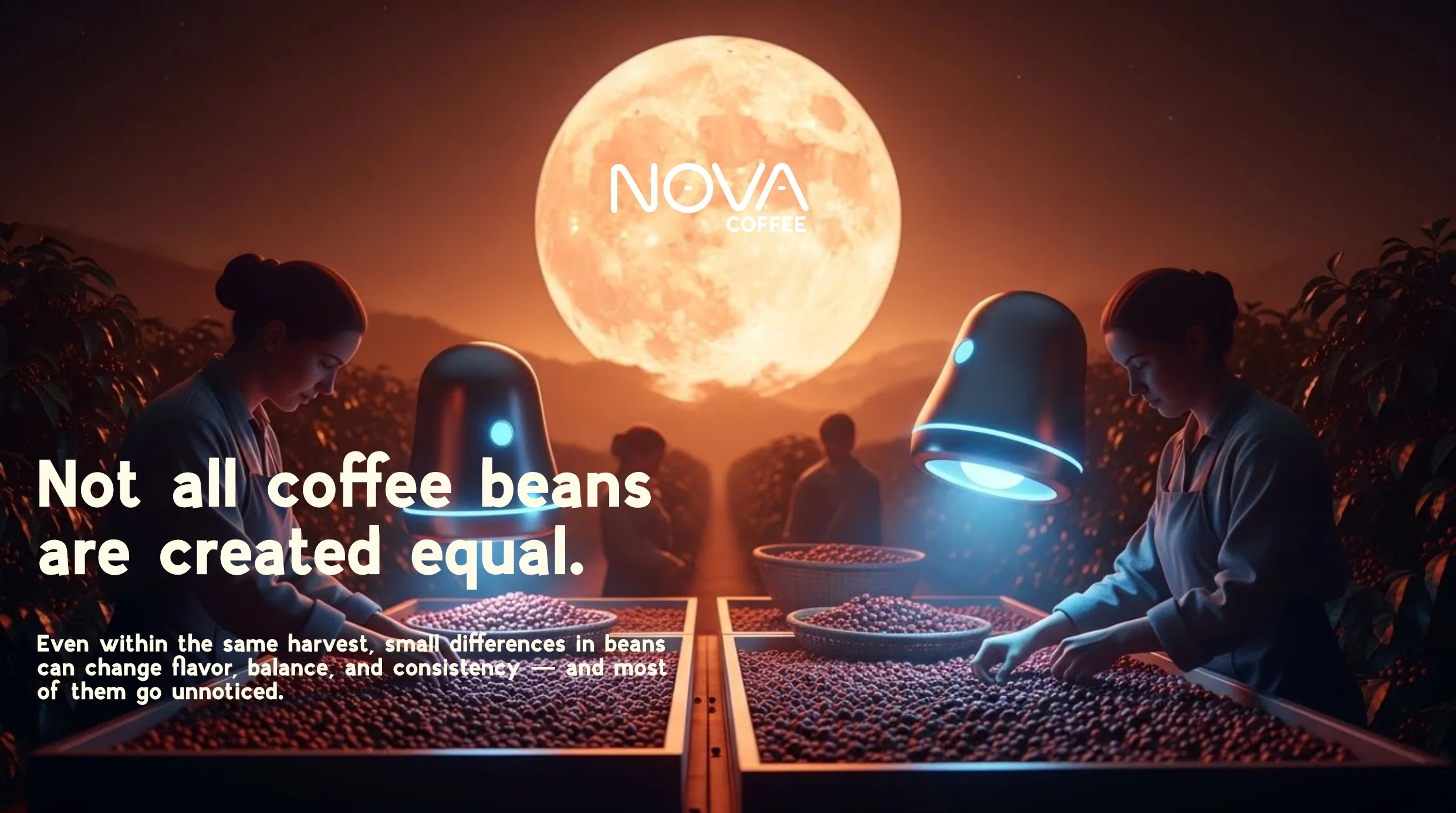 Two workers sorting coffee beans in a field at night under a large full moon, with the NOVA Coffee logo and text about coffee beans and flavor differences.