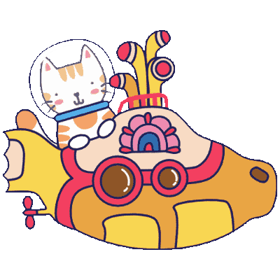 Cute cartoon cat in a spacesuit riding a whimsical spaceship with a rainbow and antennae