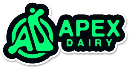 A logo for Apex Dairy featuring a stylized green and black outline of a cow's head and the words "APEX D AIRY" in green.