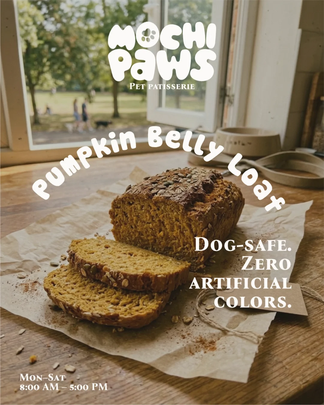 Sliced pumpkin bread on parchment paper on a wooden table with a window view of a park and people walking outside. The text overlays promote Mochi Paws pet bakery and its pumpkin loaf, emphasizing it is dog-safe with zero artificial colors, available Monday through Saturday from 8:00 AM to 5:00 PM.