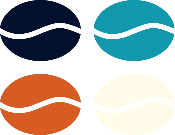 Four stylized coffee beans in navy blue, teal, orange, and cream colors, with a black curved line across each.
