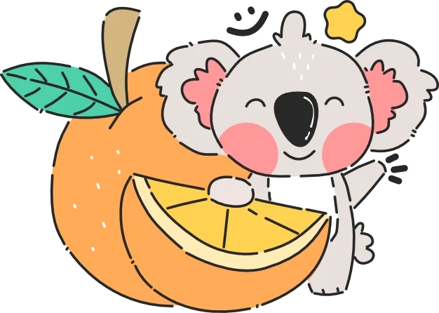 Cute cartoon koala hugging a large orange.