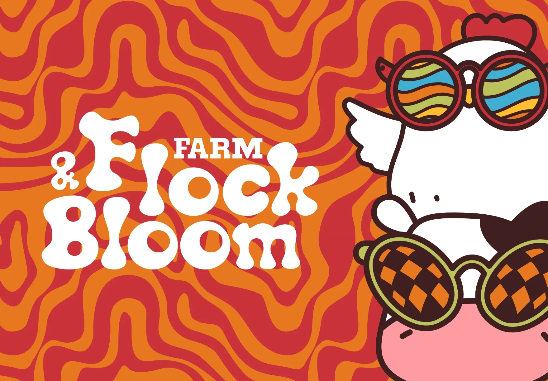 Colorful illustration of cows wearing sunglasses with a background resembling an abstract, marbled pattern in red, orange, and yellow tones, and the text 'Farm & Rock Boom'.