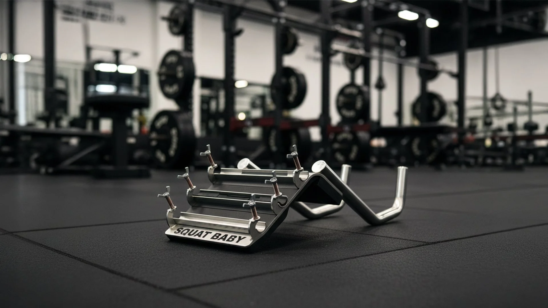 Squat Baby barbell attachment placed on a gym floor between squat sessions