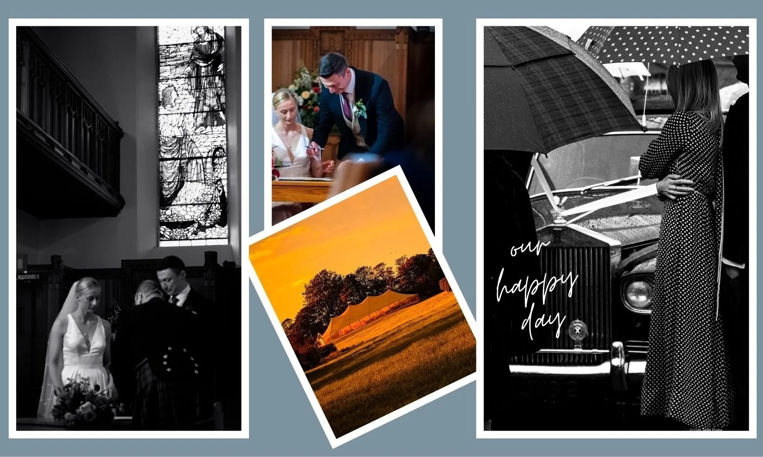 A selection of wedding images arranged as a mood board.