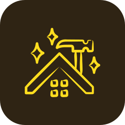 Illustratie van een dak met gereedschap en glanzende sterren, mogelijk symbool voor dakbedekking of renovatie.