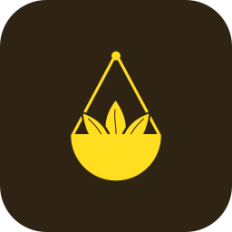 Geel en zwart logo met een mand en bloemachtige vorm.