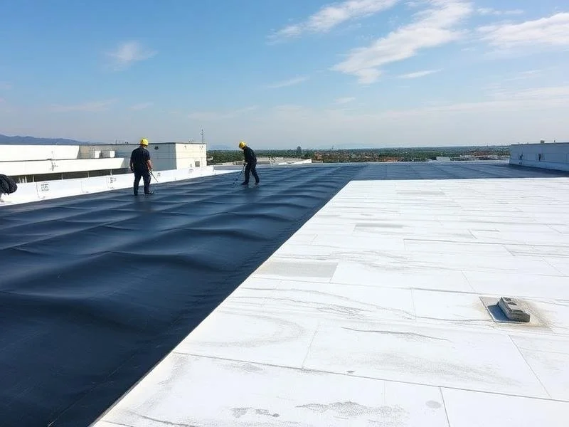 Twee bouwvakkers met gele helmen werken aan de bovenkant van een gebouw, waarbij ze een zwart en een wit dak aanleggen onder een blauwe hemel.