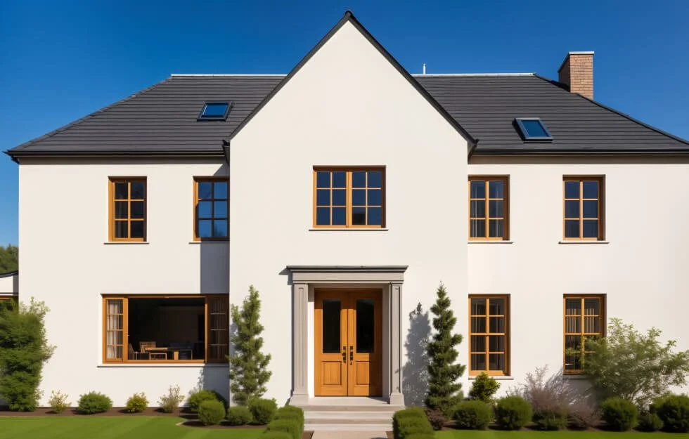 Wit modern huis met zwarte dakpannen, houten deuren en ramen, groene tuin en blauwe hemel.