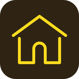 Een eenvoudig, geel huisicoon op een donkerbruine achtergrond.