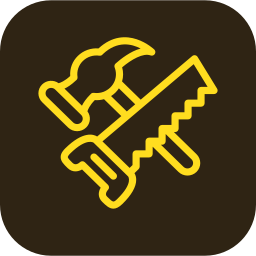 Een iconografie van gereedschap, waaronder een hamer, een gevarenriem en een zaag, op een bruine achtergrond.