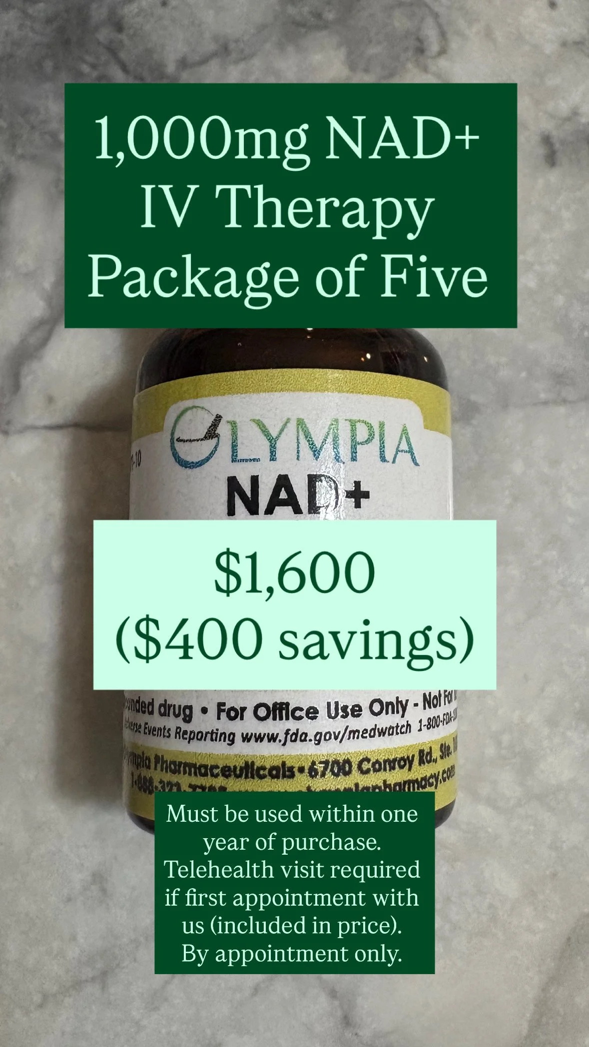 Package of Five 1,000mg NAD+ IV Therapy