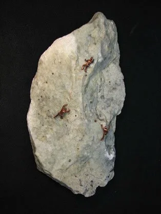 Three small plastic dinosaurs on a gray rock against a black background.