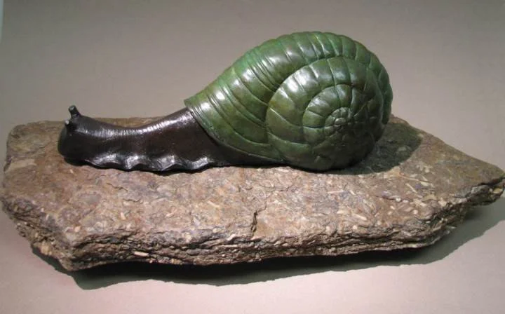 A large, dark brown and green snail sculpture on a flat, textured rock.
