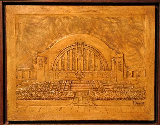 Wooden carved artwork of the United States Holocaust Memorial Museum in Washington, D.C.