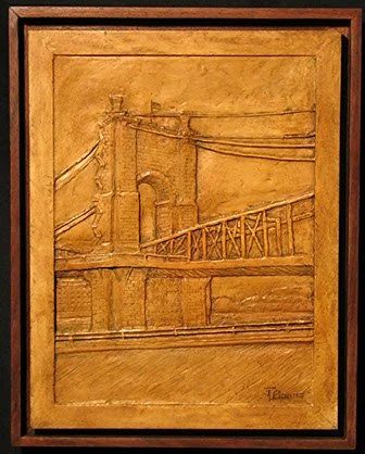 A textured painting of the Brooklyn Bridge in warm tones with a wooden frame.