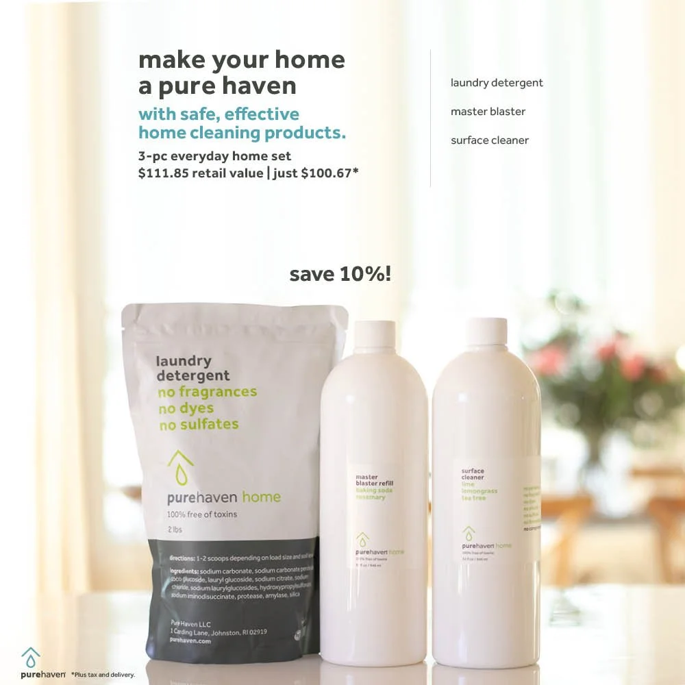 Advertisement for a 3-piece home cleaning product set from Pure Haven, including laundry detergent, master blaster refill, and surface cleaner, with a focus on natural, chemical-free ingredients.