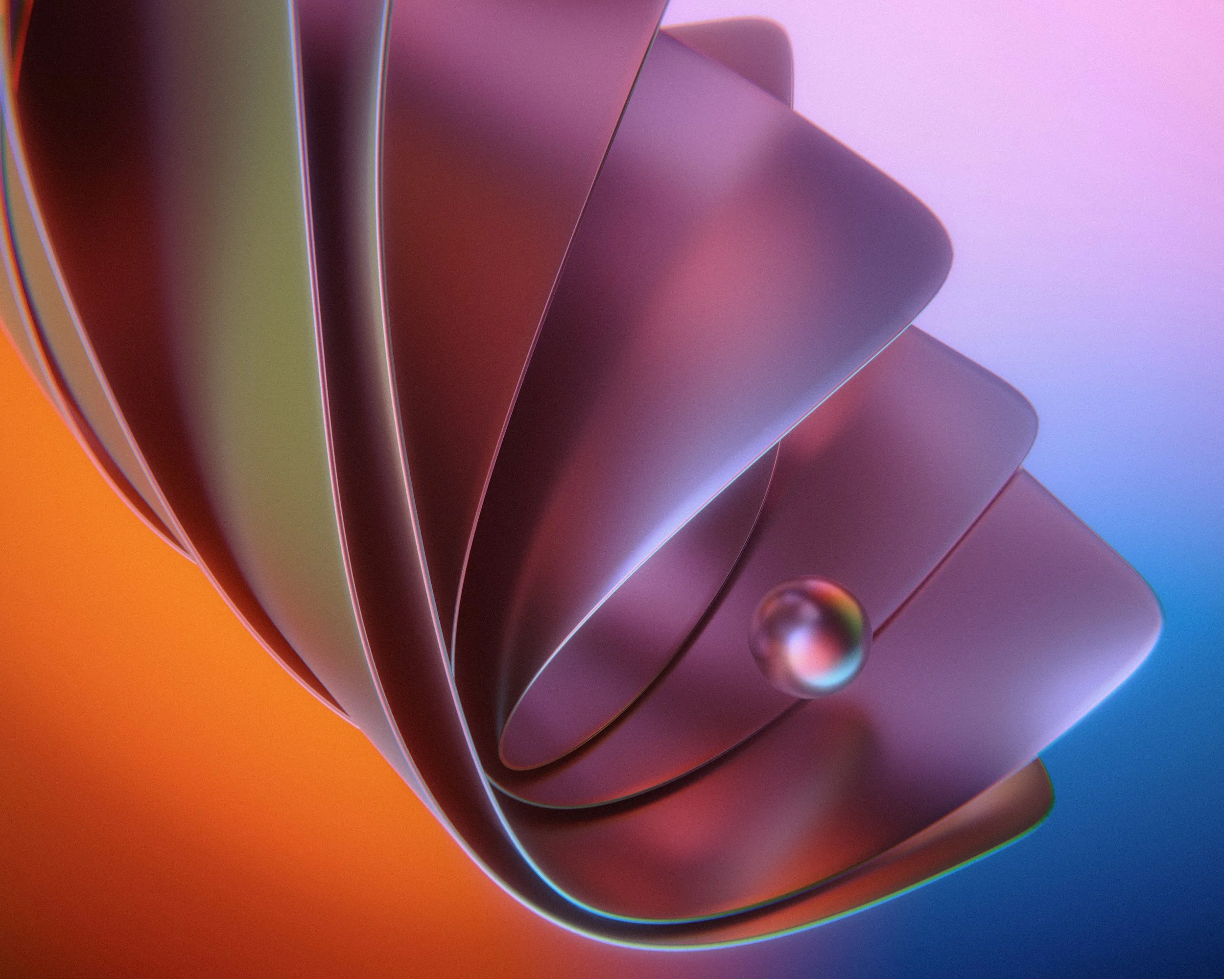 Close-up of a colorful, abstract, spiral-shaped object with a small spherical element, set against a vibrant gradient background.