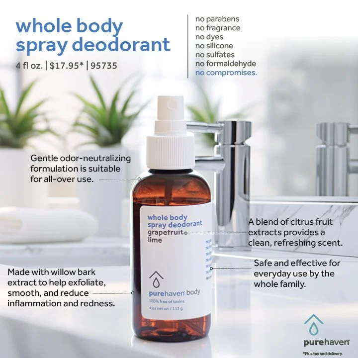 A bottle of Whole Body Spray Deodorant with grapefruit, lime, and willow bark extract, placed in a bathroom sink with plants in the background, demonstrating its features and ingredients.