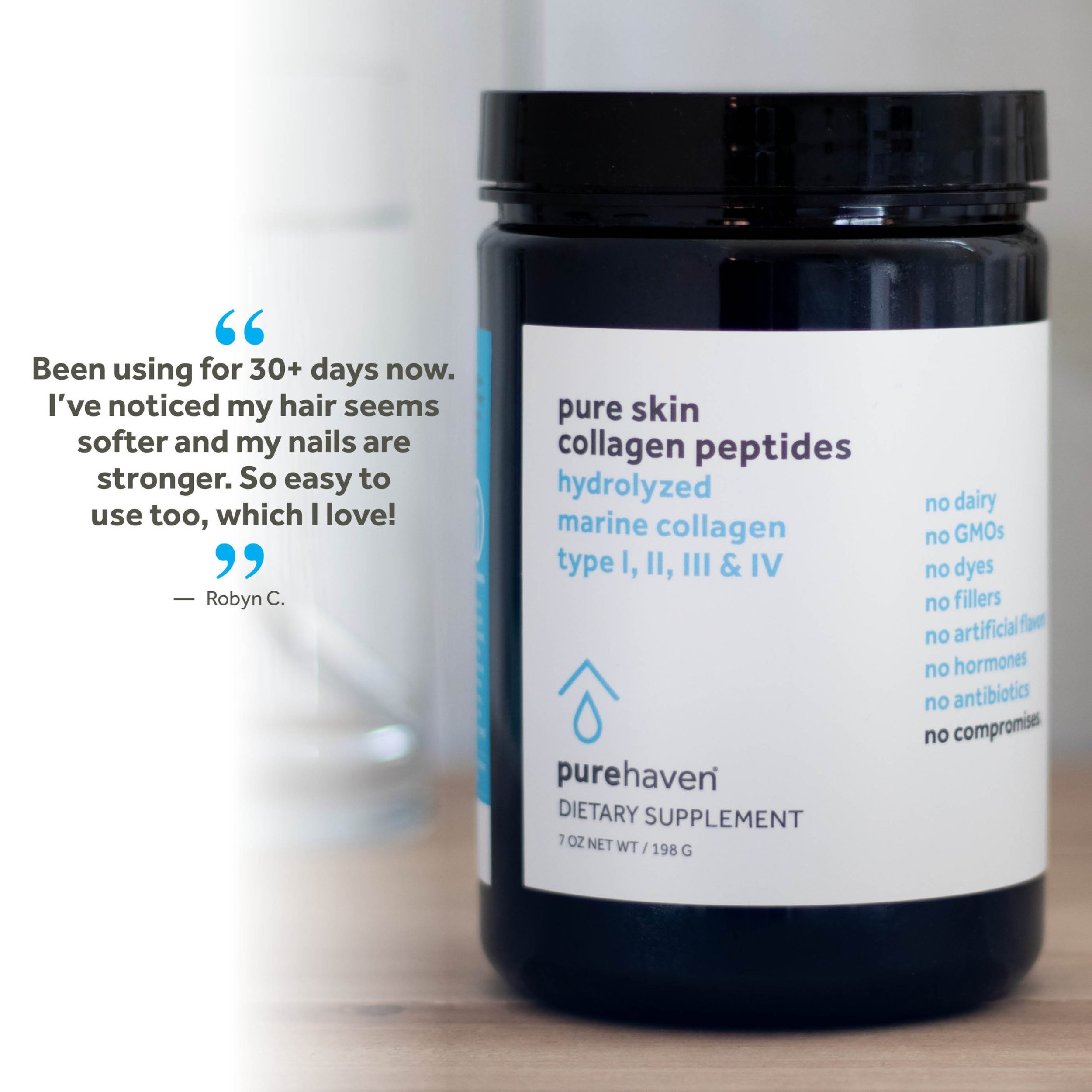 A container of Pure Haven dietary supplement with collagen peptides, hydrolyzed marine collagen, in a 7 oz bottle. There is a glass of water in the blurred background.