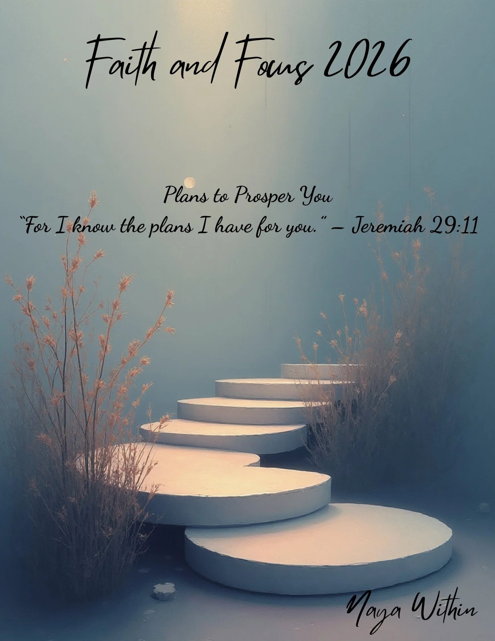 Inspirational quote poster with a background of white stepped pathways and dry plants on a blue foggy backdrop. Text reads 'Faith and Focus 2026', a Bible quote 'Plans to Prosper You' from Jeremiah 29:11, and the signature 'Naya Within'.