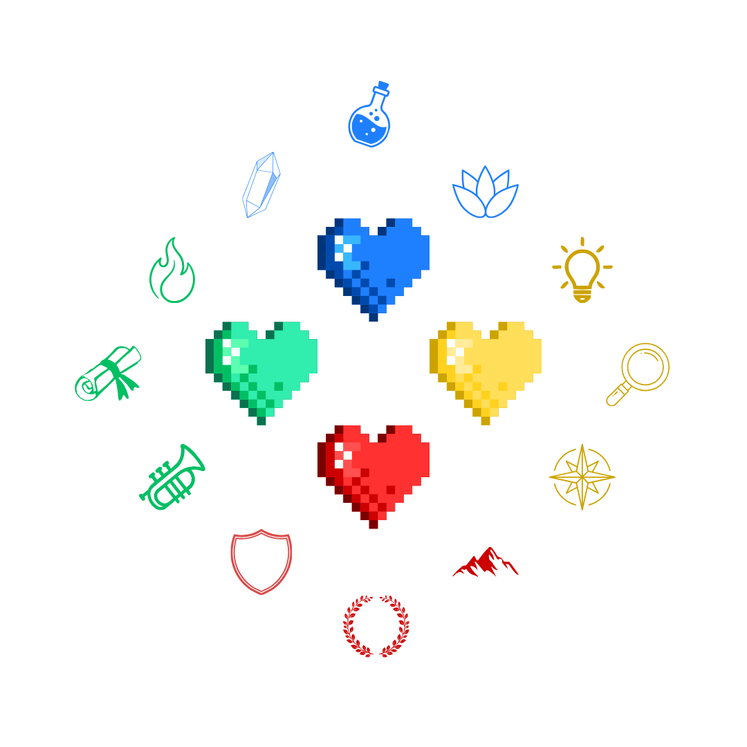 Four pixelated hearts in blue, yellow, red, and green respectively. They are encircled by 12 adventuring icons, 3 in each color.