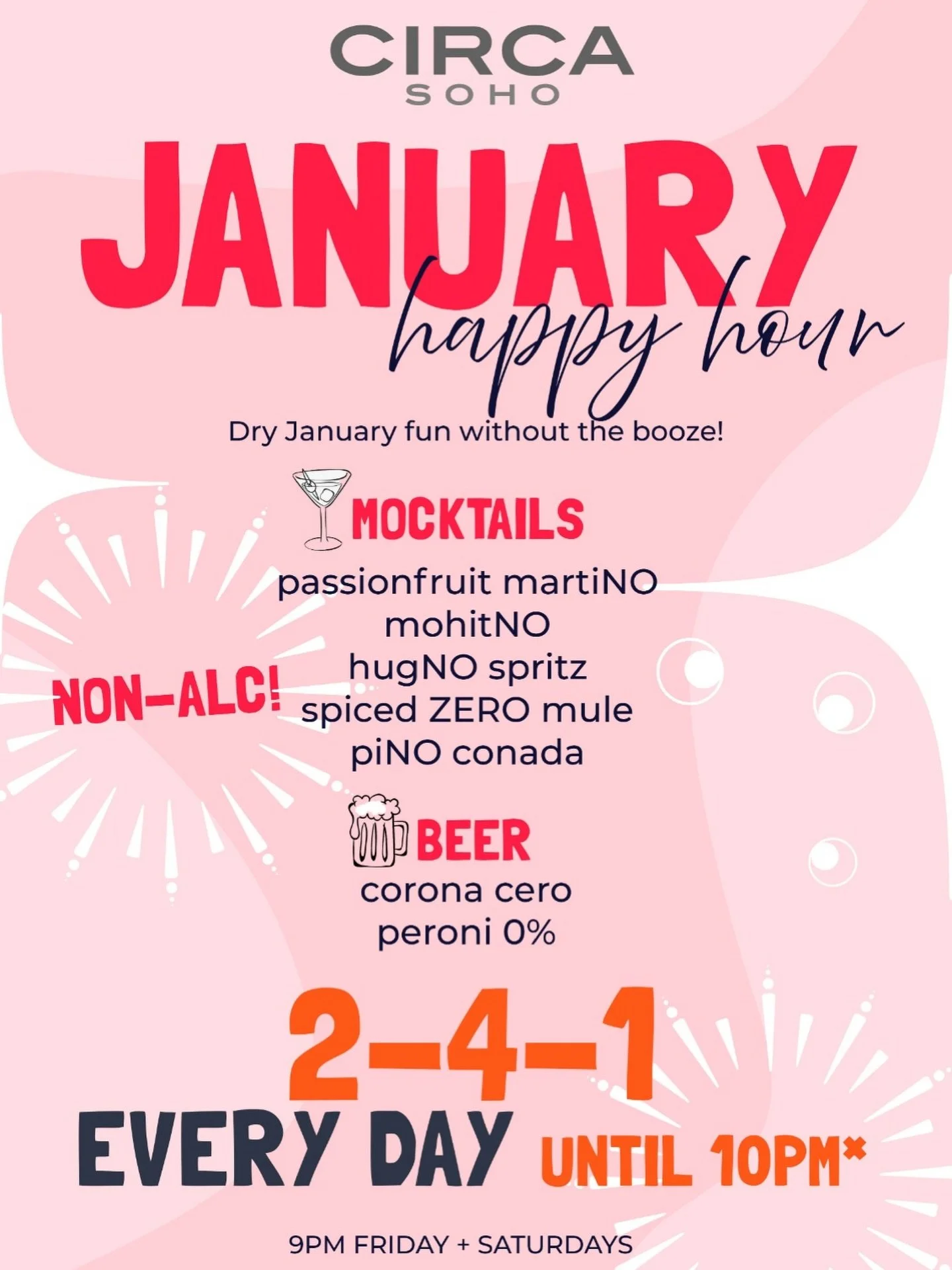 London! Just because it&rsquo;s January doesn&rsquo;t mean the fun has to stop 💦

🍸 JANUARY HAPPY HOUR 🍸
Available every day until 10pm*

Cutting out the booze for the month?

No worries, we&rsquo;ve got a range of low / no-alc drinks on offer to 