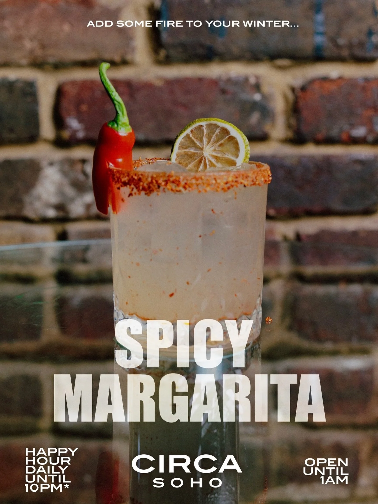HELLO, SUN 😍

Keep yourself all warmed up this winter with our Happy Hour deals!

Want to feel like you&rsquo;re heading to Mexico itself?

🍸 SPICY MARGARITA 🍸

The most perfect blend of Reposado tequila, triple sec, lime and chilli&hellip; to war
