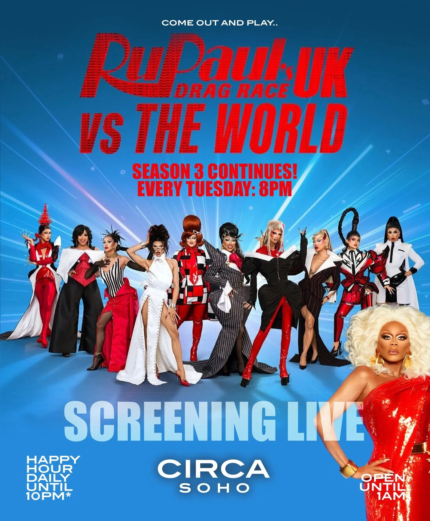 🏁 START YOUR ENGINES, SOHO! 🏁

RuPaul&rsquo;s Drag Race UK vs THE WORLD 
⭐️ SEASON 3 ⭐️ CONTINUES!

Episode 5 - showing live!

⏰ 8:00PM ⏰

🍸 HAPPY HOUR UNTL 10PM 🍸

📍 62 Frith St, Soho