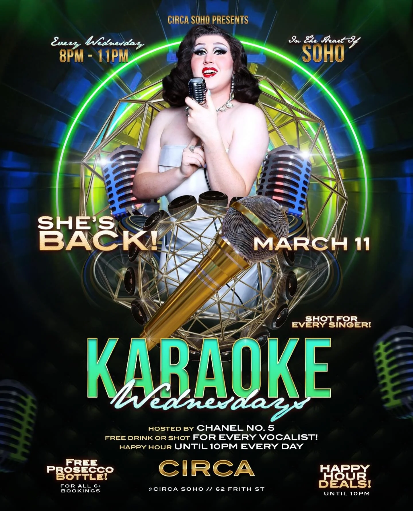 KARAOKE WEDNESDAY&rsquo;S @ CIRCA 🎤 
hosted by our fabulous @misschanelno5 

FROM 8:30-10
HAPPY HOUR COCKTAILS TILL 10PM 🍹 
FREE SHOT FOR EVERY SINGER 🌟 
FREE PROSECCO BOTTLE FOR BOOKINGS OF 6 🍾 

OPEN TILL 1AM 
📍 Circa Soho, 62 Frith St