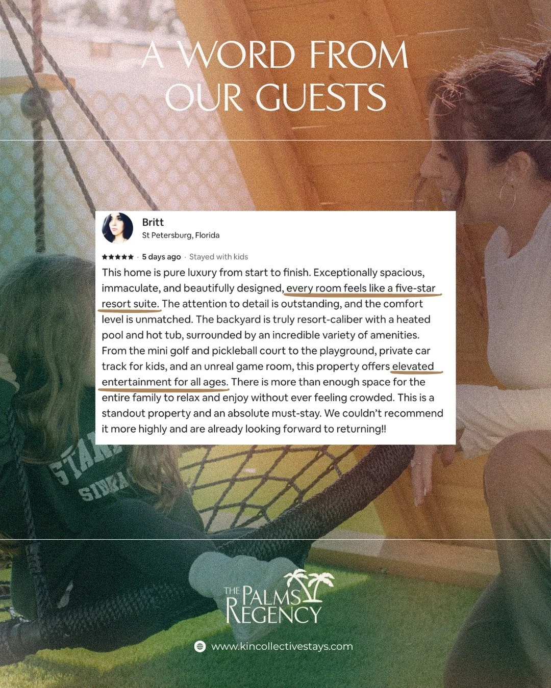 Thank you, Britt, for trusting us with your family vacation🌴

Here at The Kin Collective, we create homes that are designed for family and defined by luxury. We are committed to providing you with 5-star experiences like Britt had at The Palms Regen