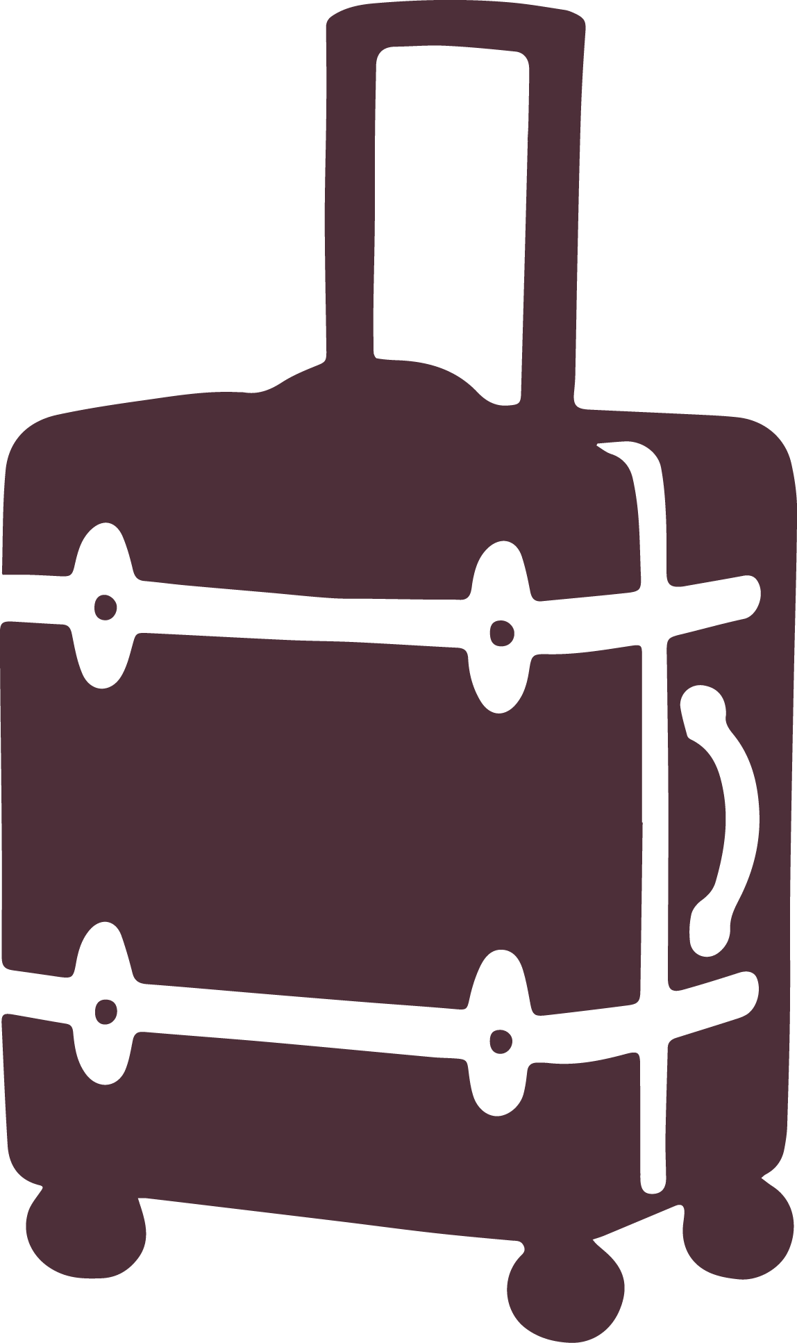 Outline of a vintage-style steamer trunk with a handle on the side and four round feet.