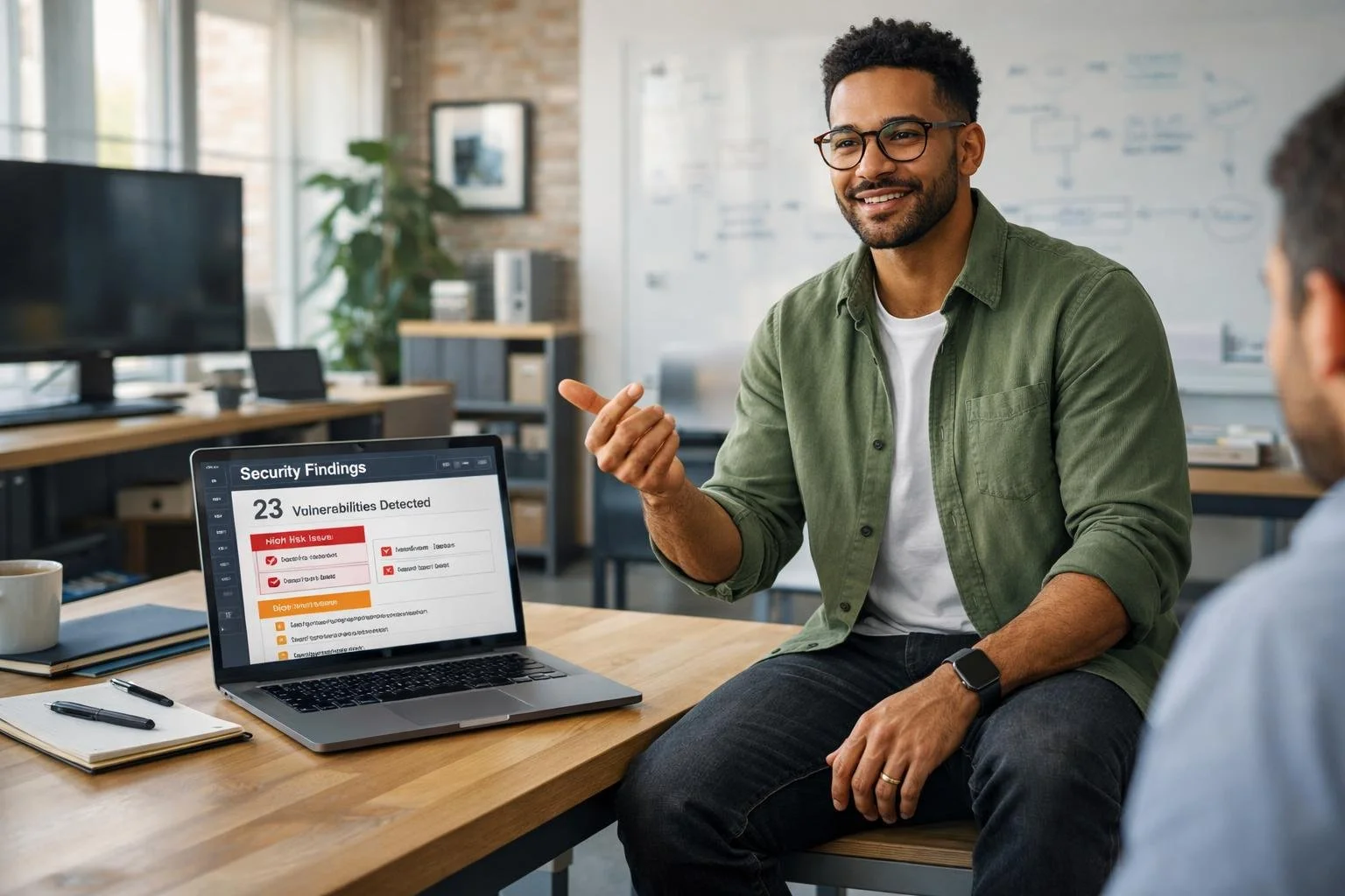 Professional illustration of a hip tech professional sitting on a table, laptop beside them showing security findings on screen. Modern tech setting. Focus on guidance, not sales.