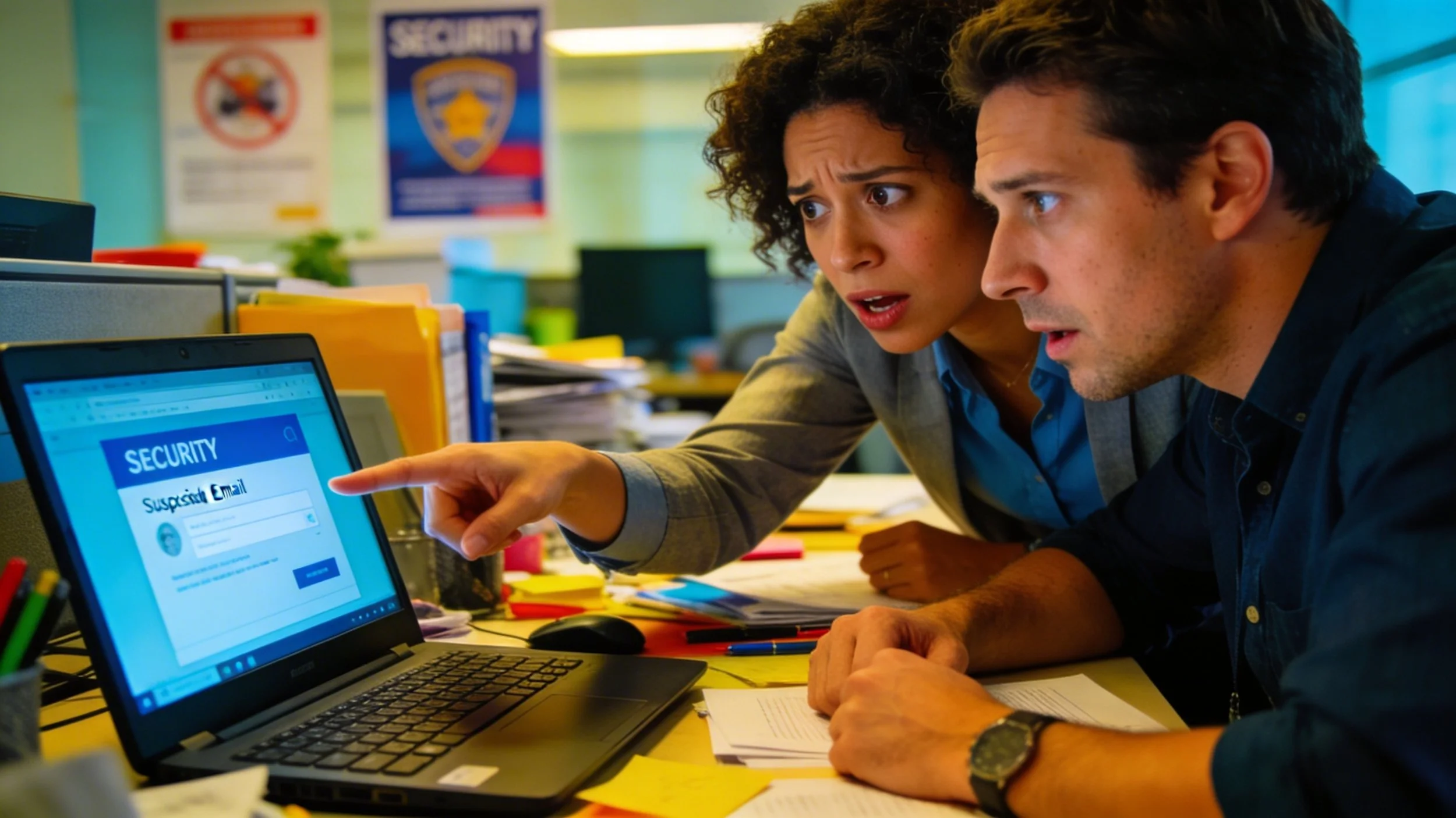 Employees collaborating on cybersecurity awareness in everyday workplace conversation, demonstrating security-conscious culture