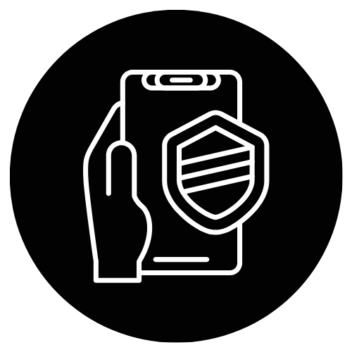 Icon of a smartphone with a shield and lines, representing security or protection.
