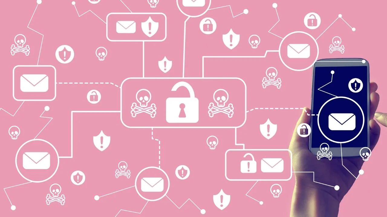 Digital illustration of email icons, padlocks, warning signs, and skull and crossbones symbols connected by lines on a pink background, with a hand holding a smartphone displaying similar icons.