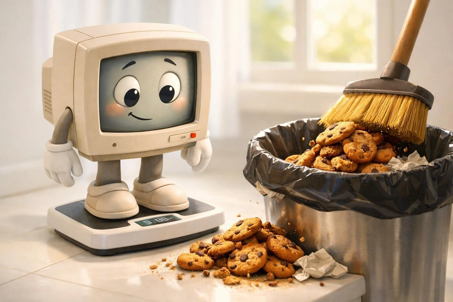 cute retro computer character standing on a bathroom scale, looking down at pile of cookies being swept away into trash bin beside it