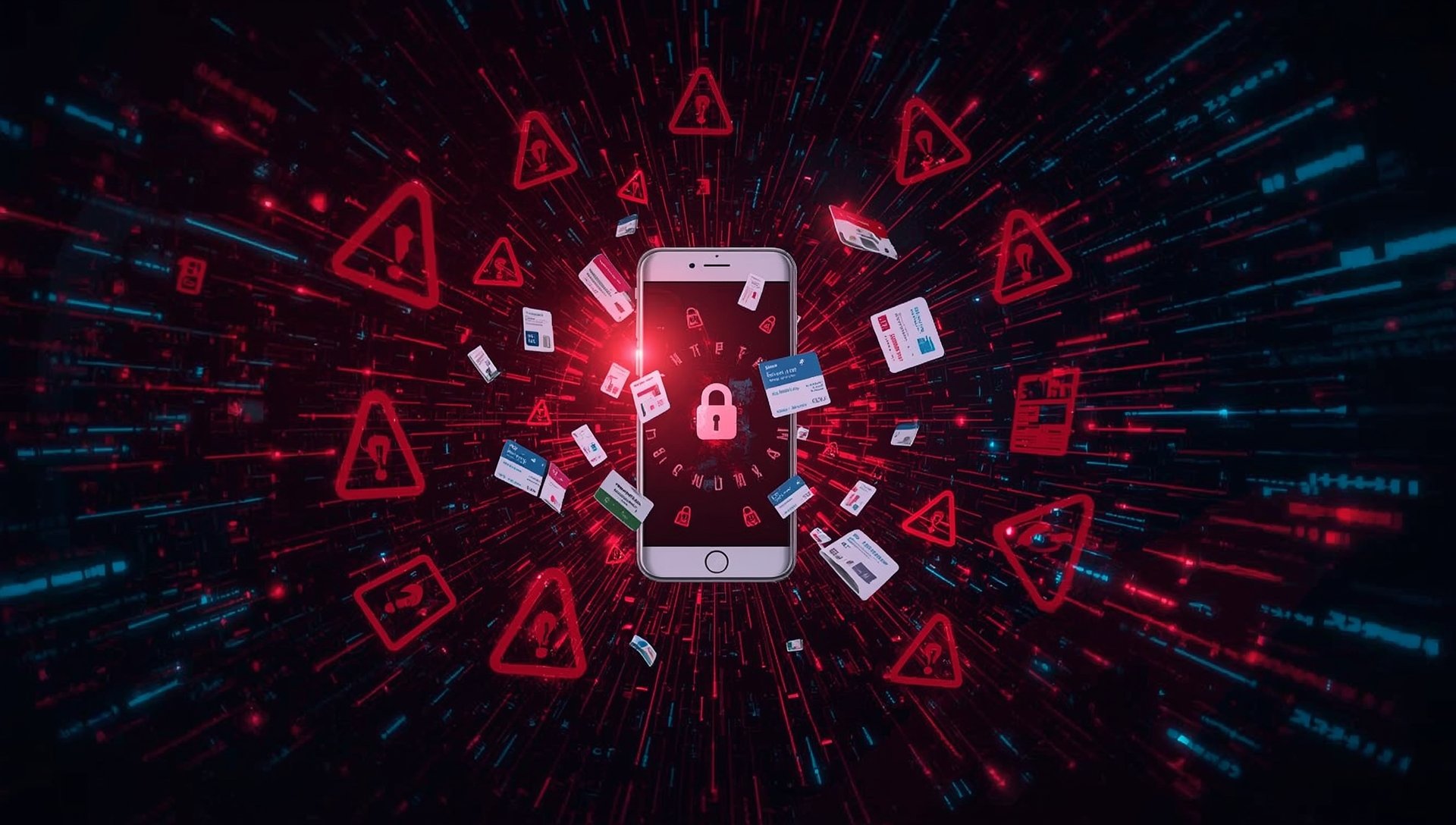 Smartphone with sensitive data leaking out including passwords, bank information, and personal data representing mobile security breach