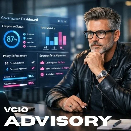 A man with gray hair and glasses sitting at a desk, looking at a digital governance dashboard on a screen, with the words 'Vielo Advisory' visible at the bottom.