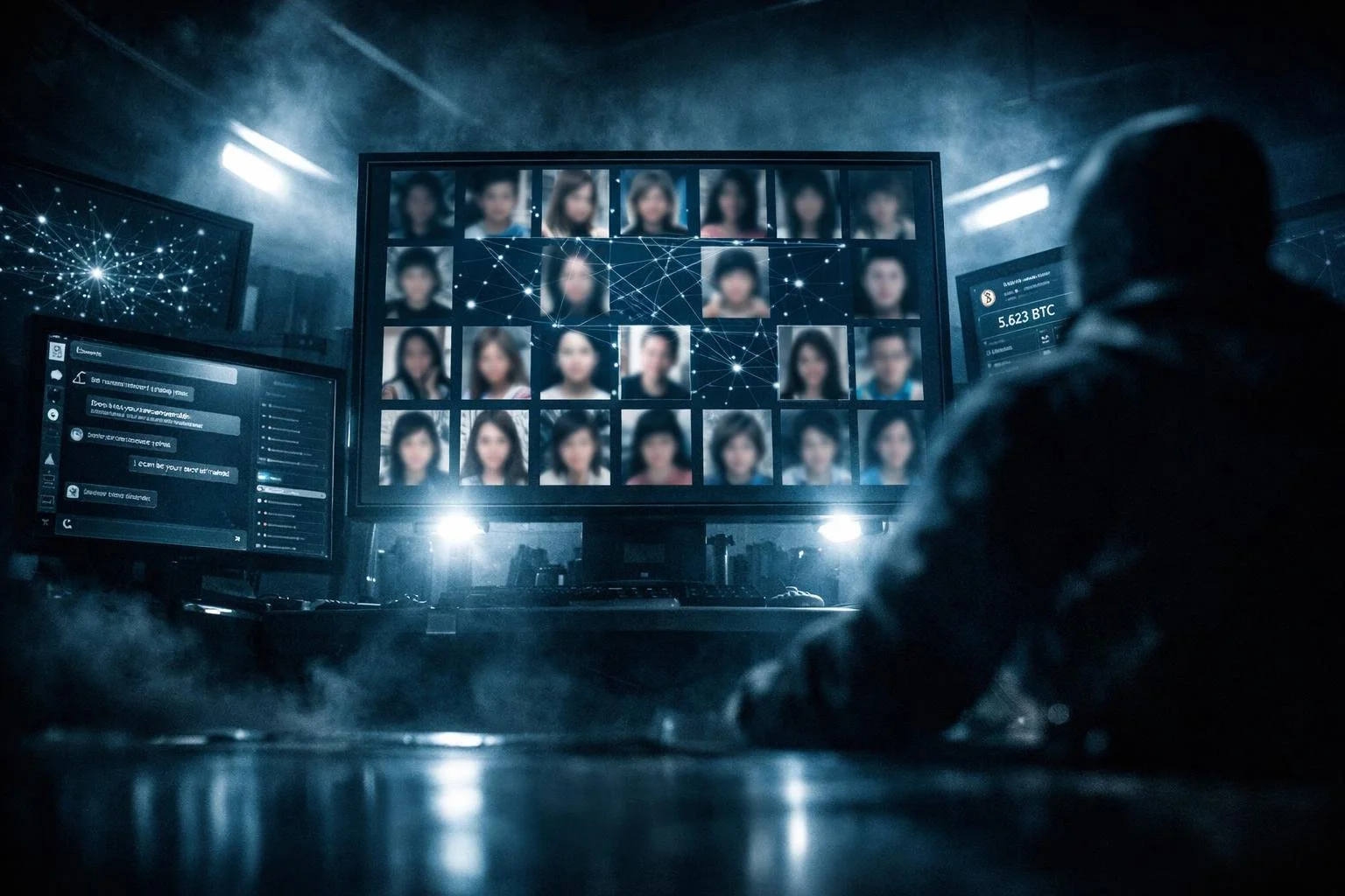 darkened room with multiple monitors showing predator's operation center,