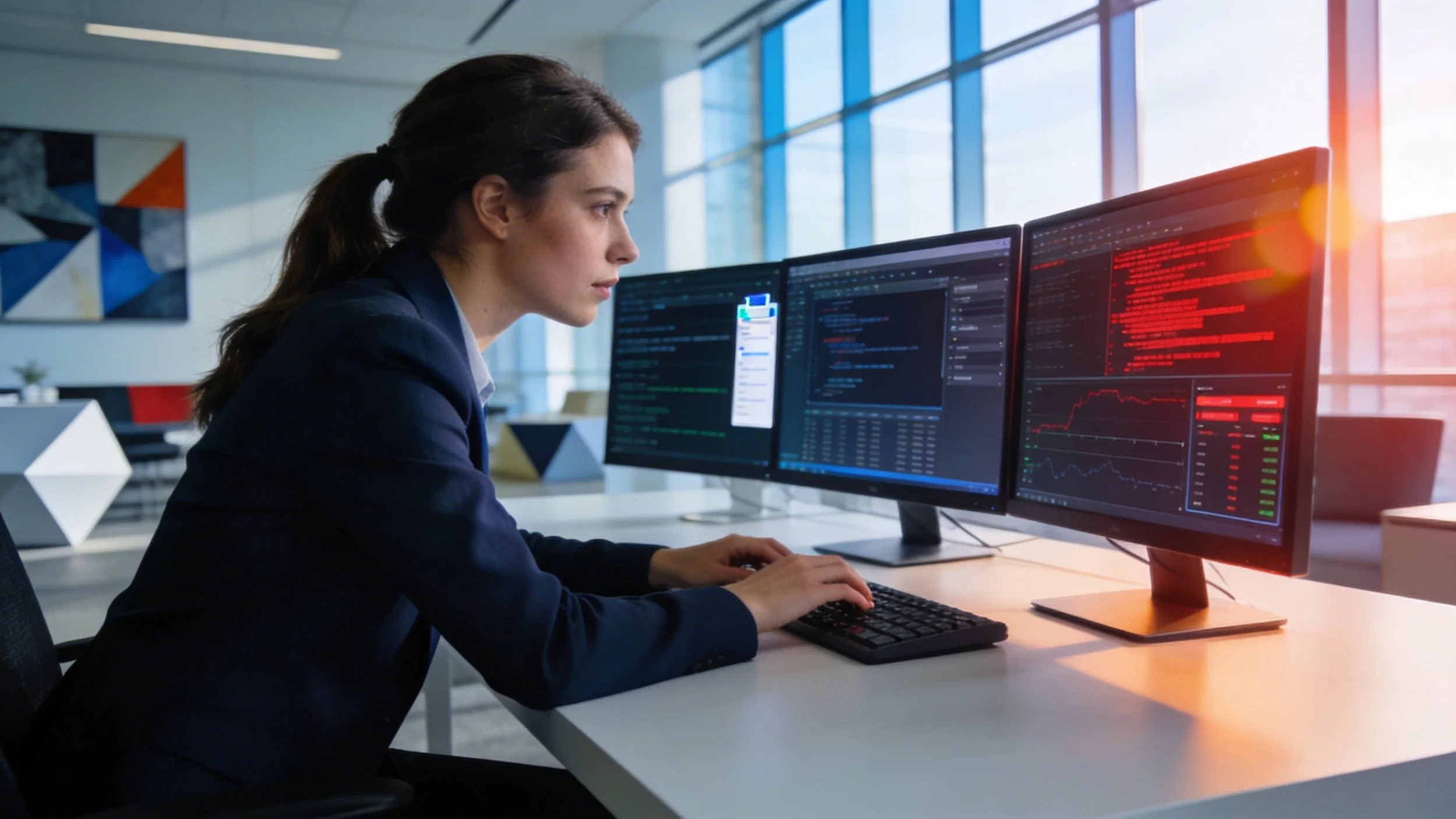 young woman accountant working at modern office desk with multiple monitors. Over-the-shoulder shot showing computer screens with data, dashboards, or file systems visible.