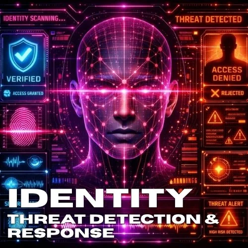 Futuristic digital face with biometric and security data, showing identity verification, threat detection, access denial, and alerts over a glowing pink and purple digital grid background