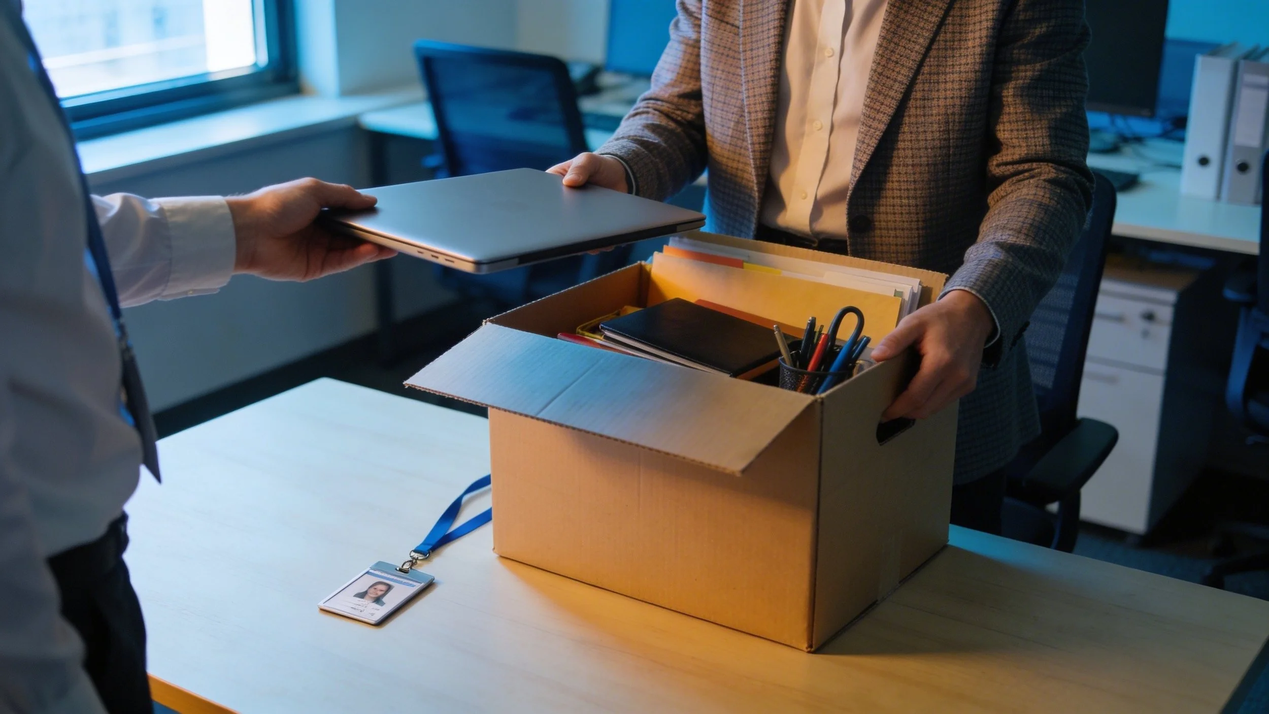 Person packing up desk items into cardboard box. ID badge on desk. Laptop being handed over to IT/HR person. Last day at office scenario.